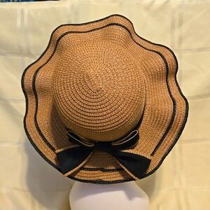 Ladies Sun Hat with Elastic Neck Strap with Black Bow on Backside